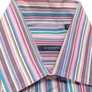 Burberry London Two-Button Collar Colorful Striped Dress Shirt Made in US Cotton